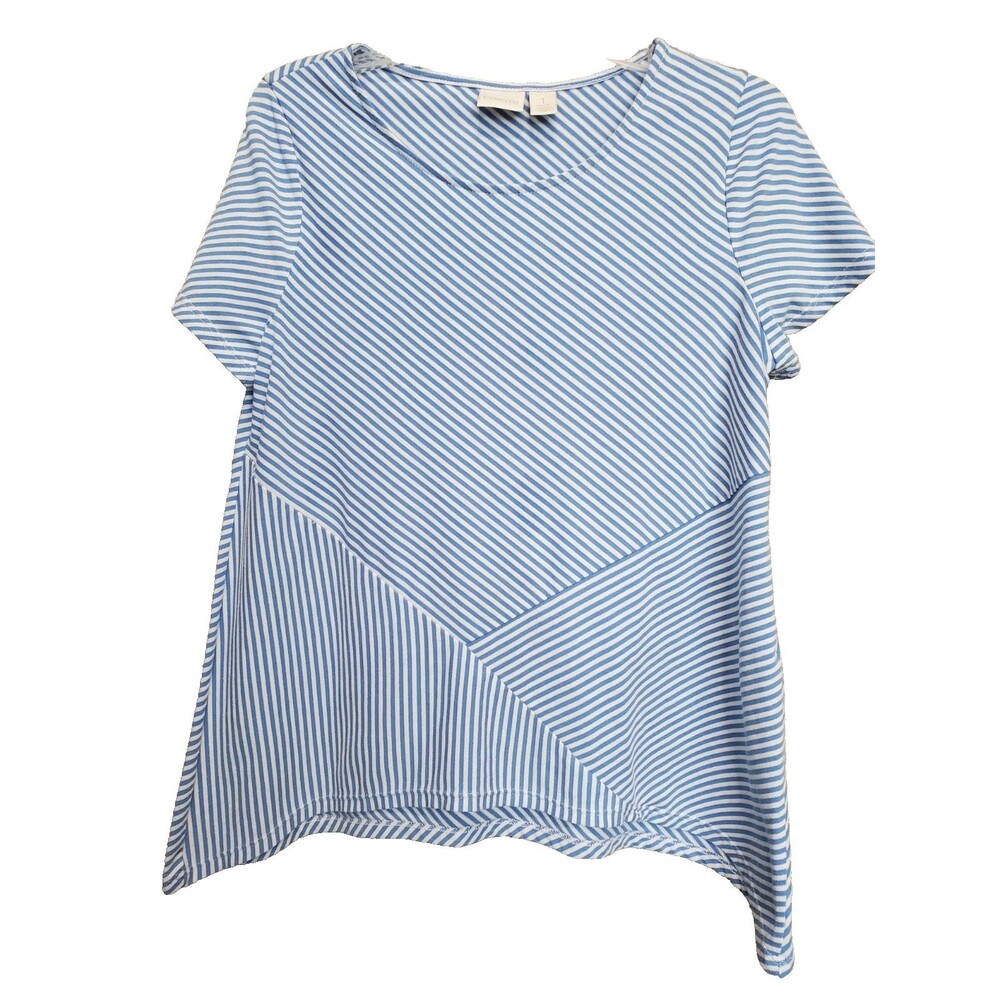 Chico's Blue Diagonal Stripes Short Sleeve Top Size 1 Medium
